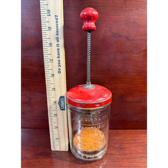 Antique Red Handle Hazel Atlas Glass Jar Chopper Measuring Cup - Picture 4 of 7